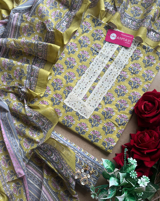 Printed cotton hakooba lace block print suit