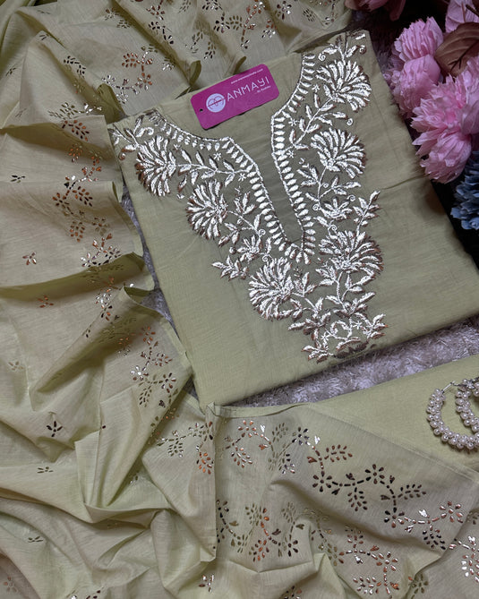 Pita work festive shade suit set with Mukaish dupatta