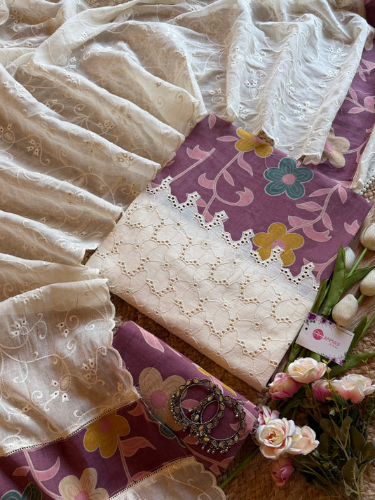 Hakooba patterned flower neck fusion cotton suit set