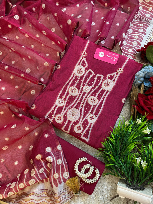 Mushroom patterned Jamdani Cotton Silk Suit