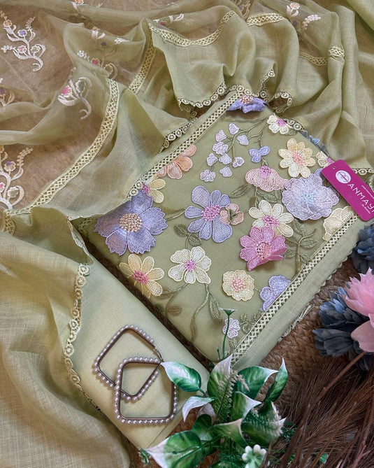 Coloured 3D floral patch linen cotton suits