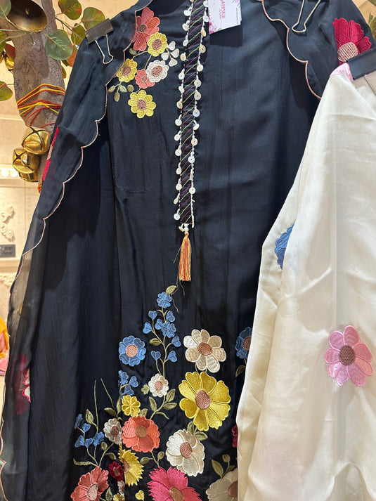 Multicoloured patched floral pure organza suit set