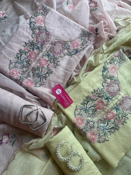 Parsi work Mul Chanderi suit set