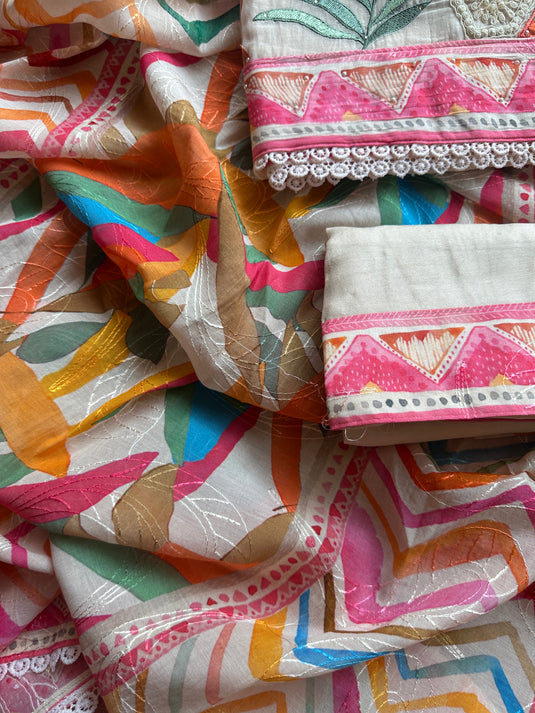 Appliqué work pure mul suits with colour digital print self dupatta