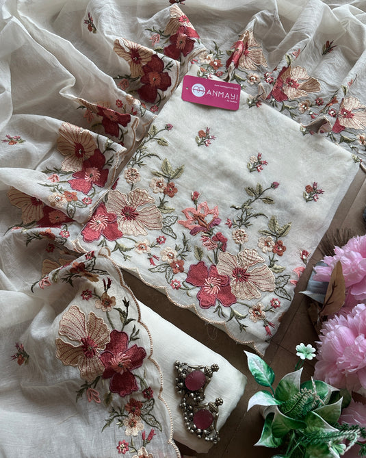 Mul Chanderi cutwork embroidered suit sets