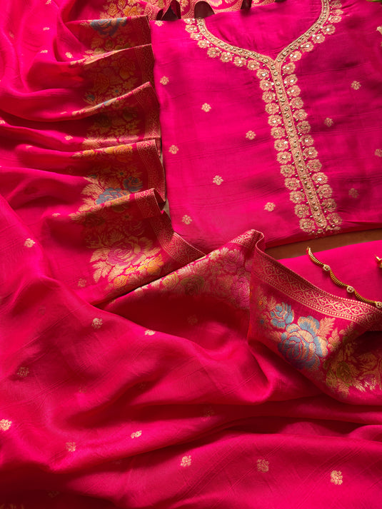 Handloom silk gold coloured flower patterns suit set