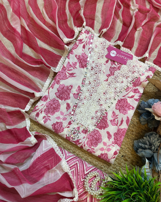 Crochet mirror v neck printed floral suit with chiffon dupatta