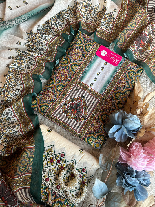 Arabic print cambric cotton suit set with embroidered bottom