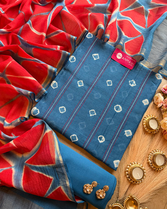 Pure Mul Bandhej Suit set with Shibori dupatta