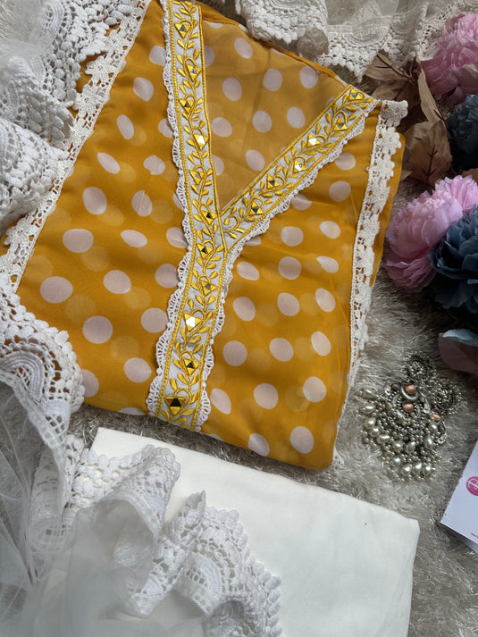 Pure georgette polka dots Pakistani suits with net dupatta