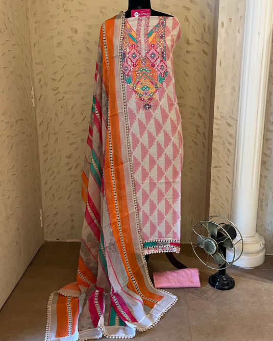 Boho neck Ikkat print pure linen muslin suit set