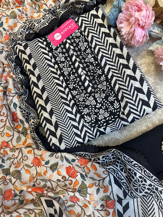 Abstract black and white muslin suit with digital print dupatta