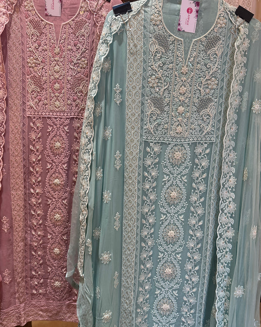 Embellished pearl chiknakari pure georgette suit set
