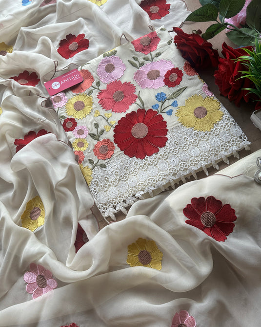 Multicoloured patched floral pure organza suit set