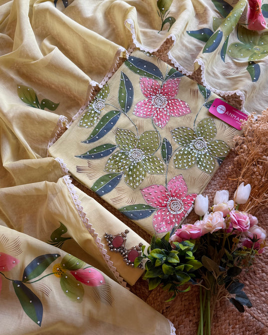 Mul Cotton Chanderi Handpaint suit with highlights