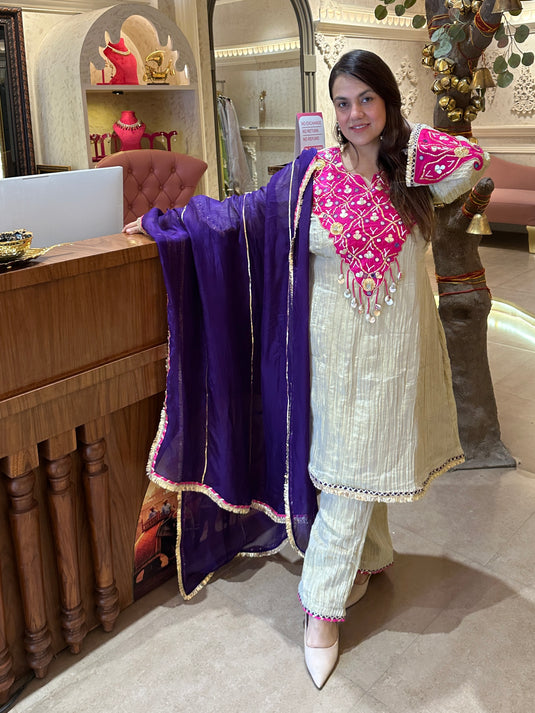 Crushed tissue ready to wear boho neck A line suit with georgette dupatta