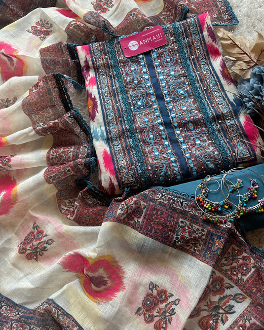 Printed linen Chanderi suits with highlighted thread and mirror details
