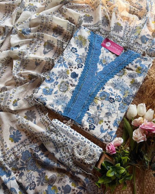 Cream base floral print pakistani suit set