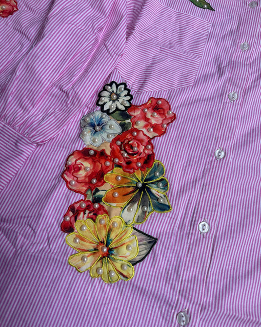 Stripy high low pattern patch pearl detailed coord set with denim bottoms