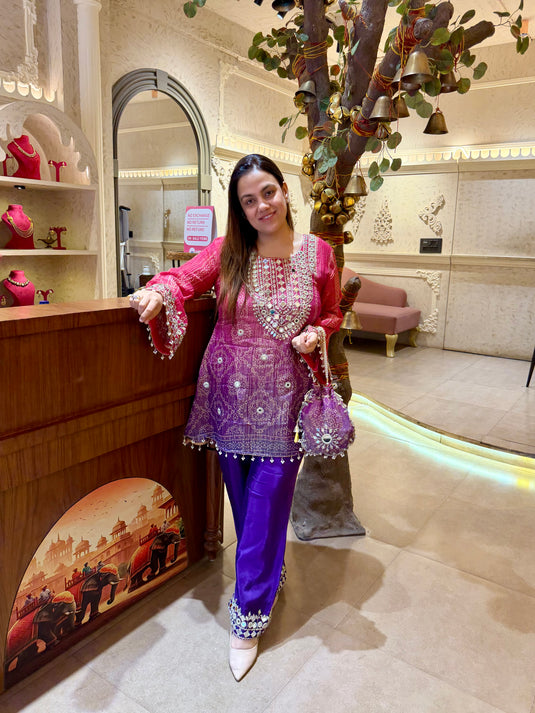 Crushed organza badhani print mirror work coord set with potli