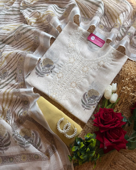 Block print ivory linen suit set