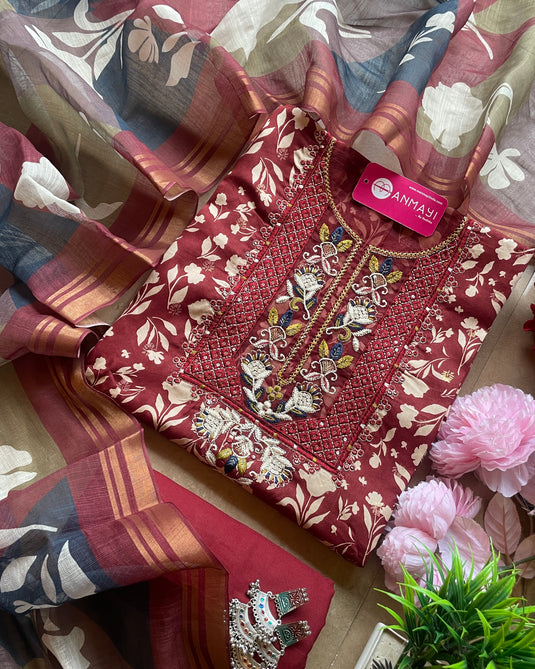 Leafy bright jaam cotton suit set with combination dupatta