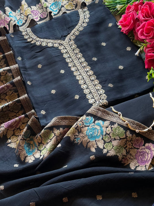 Handloom silk gold coloured flower patterns suit set