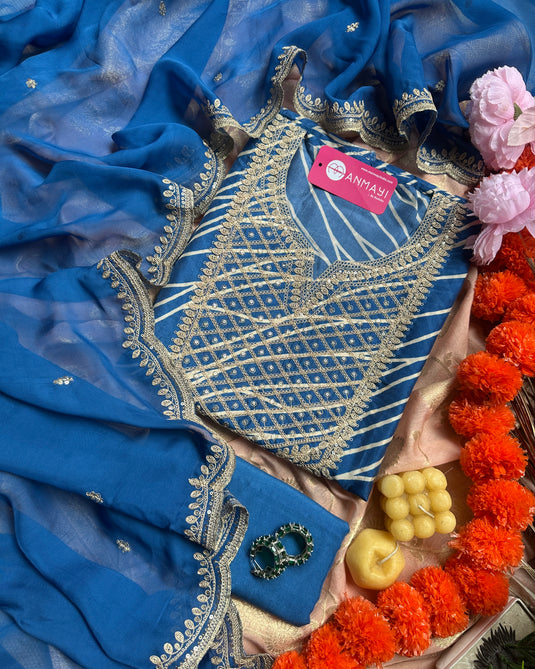 Pure Muslin silk digital lehria with Dori work and organza dupatta