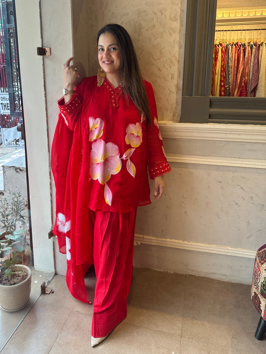 Handpainted organza suit set with farshi salwar