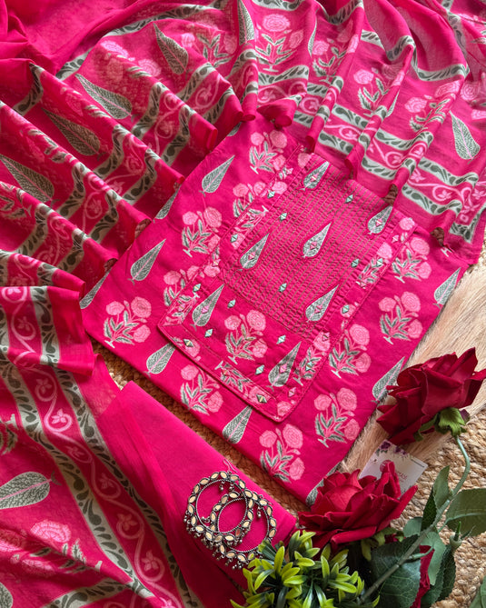 Pine tree Jaipuri mirror neck cotton suit set