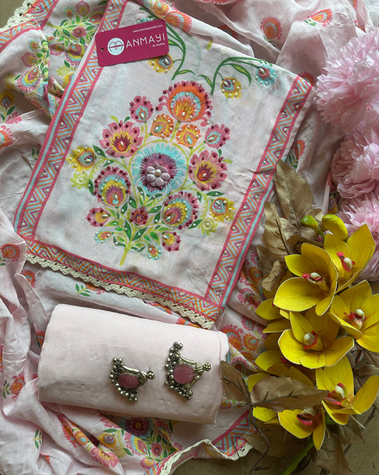Persian print muslin baby pink semi stitched suit set
