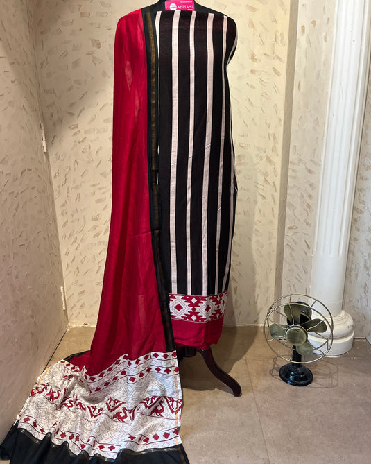 Pure Maheshwari red black combination suit set