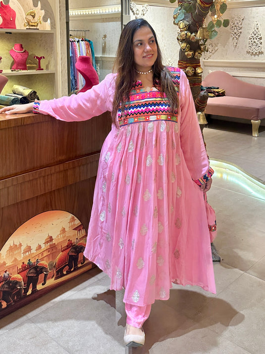 Banarasi georgette anarkali coord set with boho neck