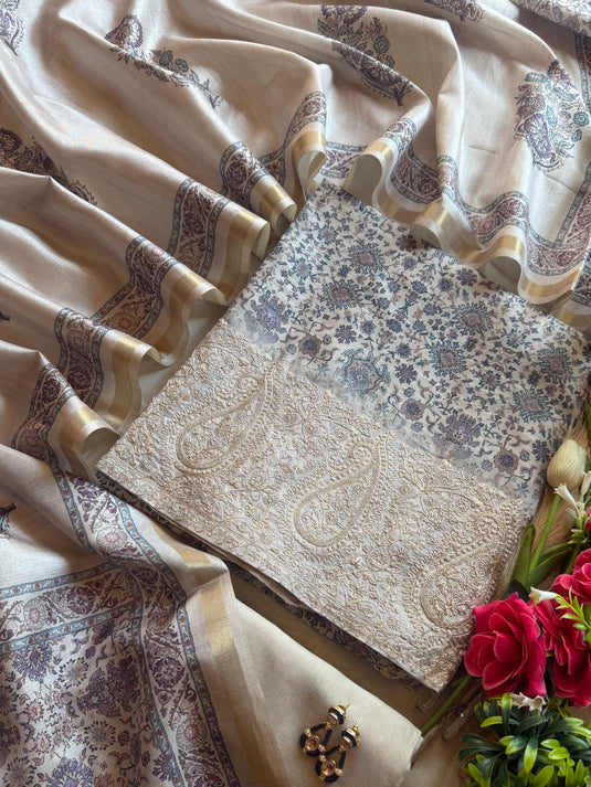 Beige flower Tussar silk Dori work border suit set