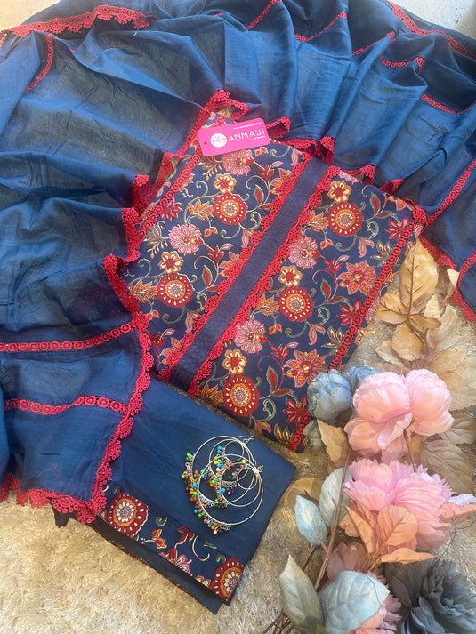 Cotton floral print lace work suit set