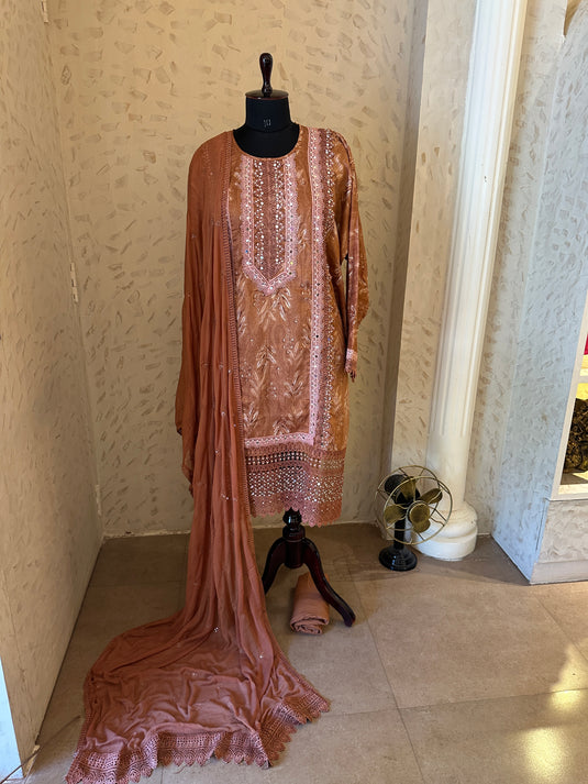 Pakistani crochet real mirror work cotton suit set