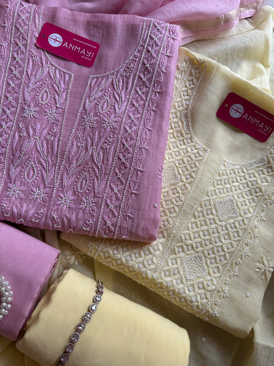 Pastel pure Mul suit set with Chikankari pearl work