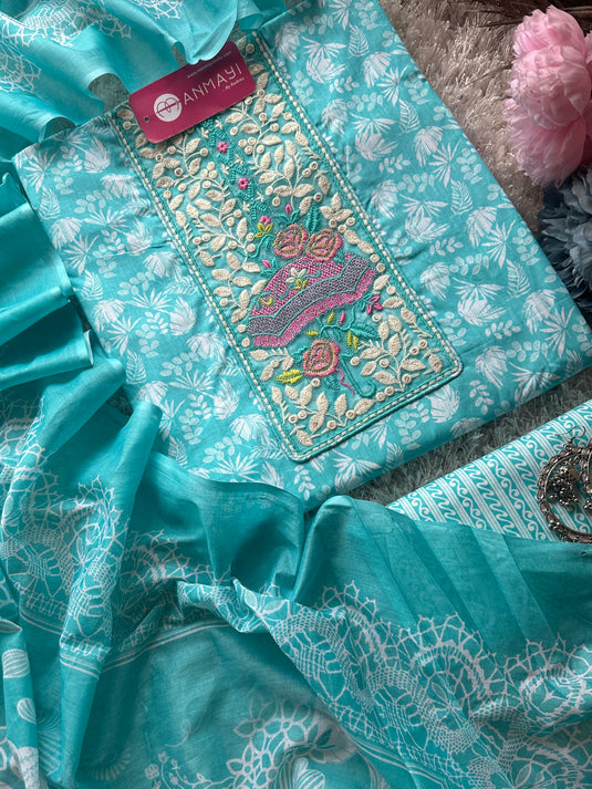Cambric cotton bright embroidered neck suit set