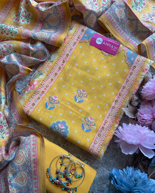 Persian print yellow grey mirror highlights muslin modal suit