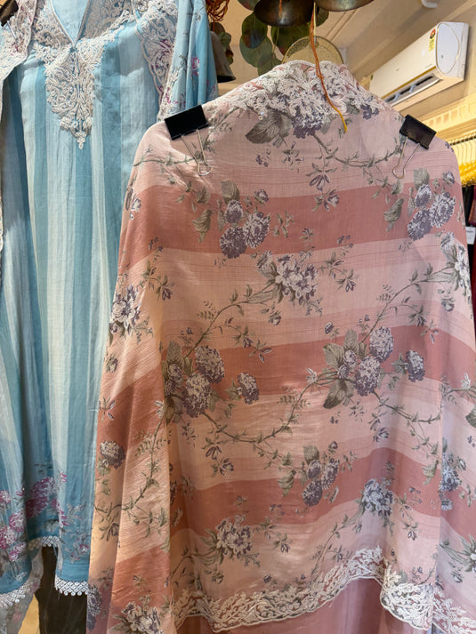 Stripy pure Mul pastel suit set with Dori weave and floral dupatta