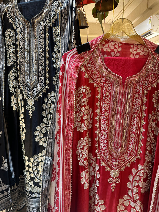 Floral patterned pearl highlight raw silk suit set