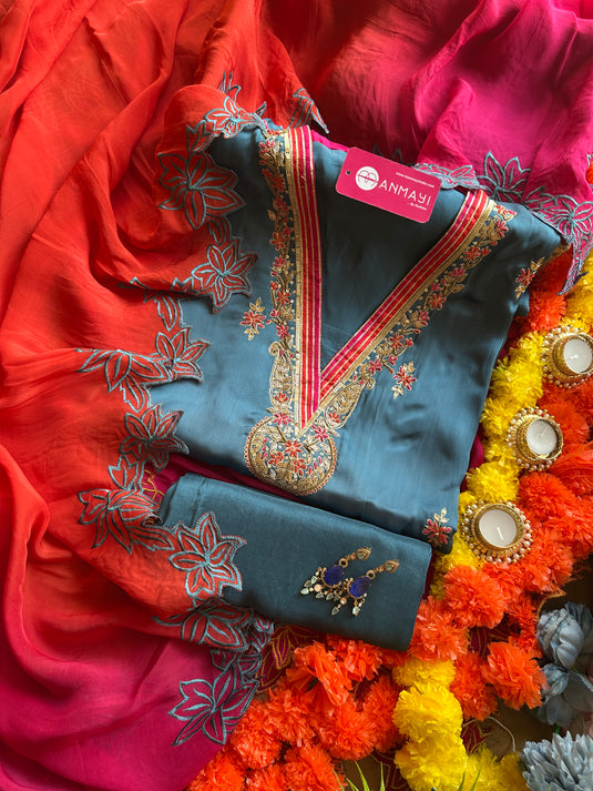 Embroidered round v neck satin silk suit with ombré georgette dupatta