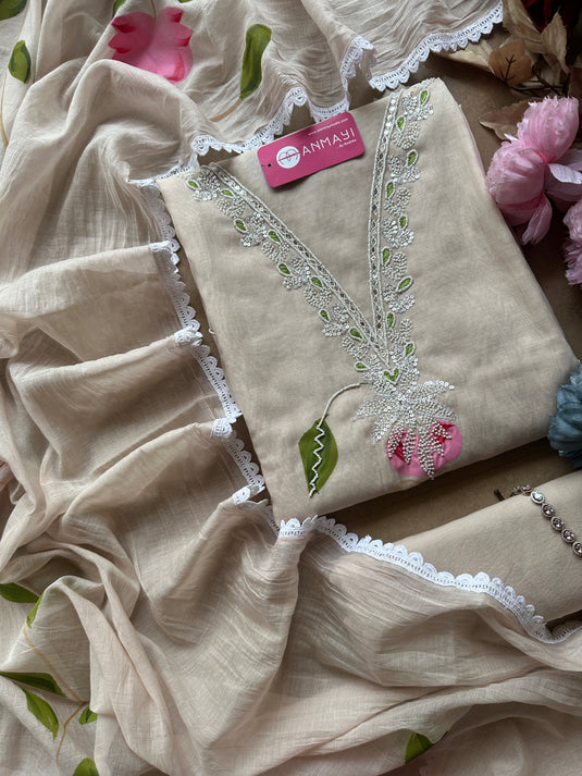 Handpaint beige base pearl work mul Chanderi suit set