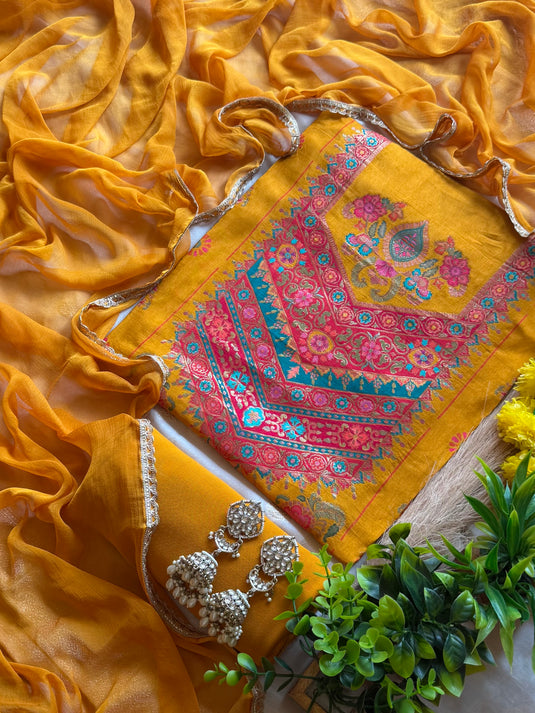 Panel jacquard Dolla silk suit set with chiffon dupatta