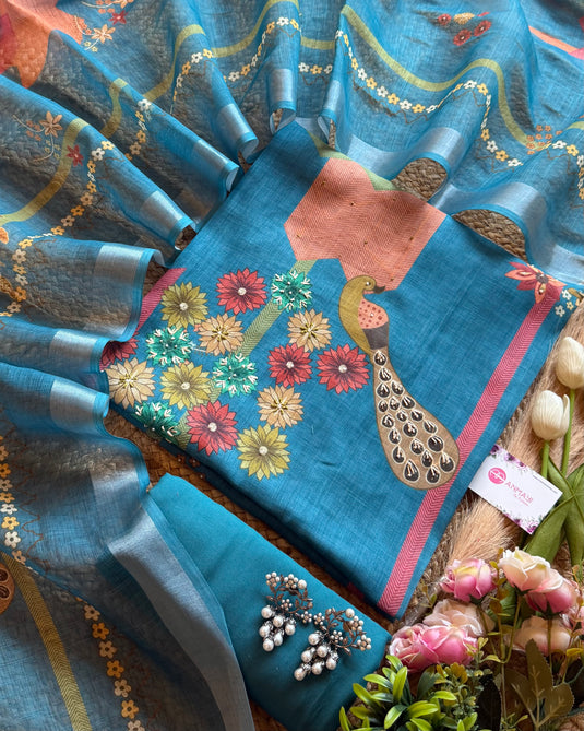 Digital linen peacock print suit set