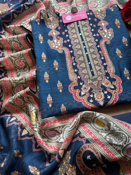 Arabic print raw silk mirror work suit set