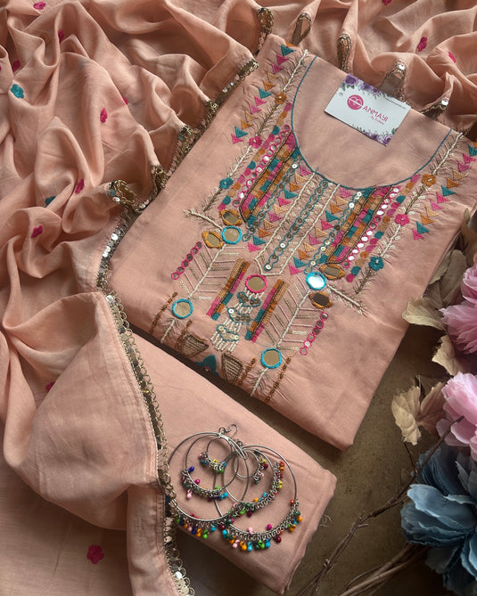 Boho looks mirror work mul chanderi suit set