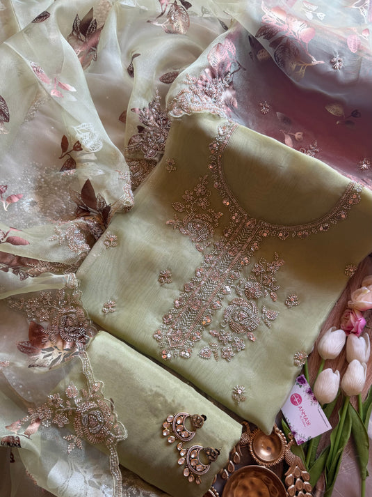 Organza beads work suit set with foil print dupatta