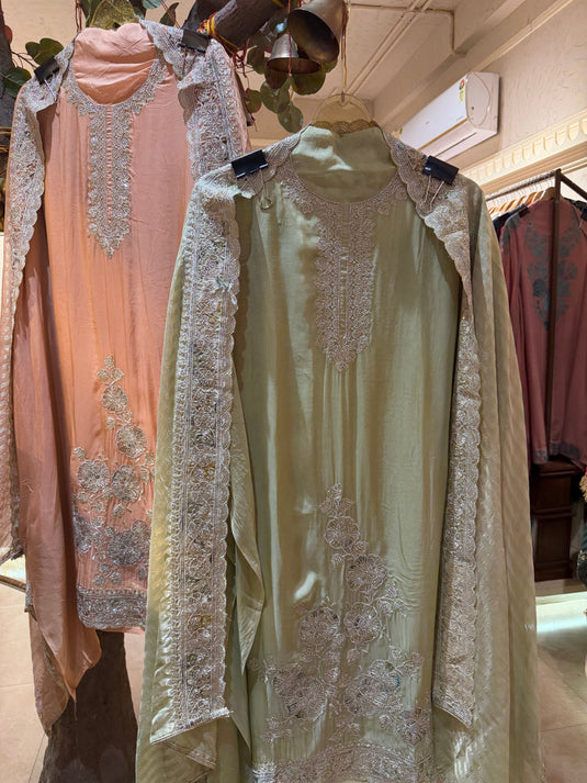 Highlighted Dori work on soft organza fabric with shimmer lines dupatta