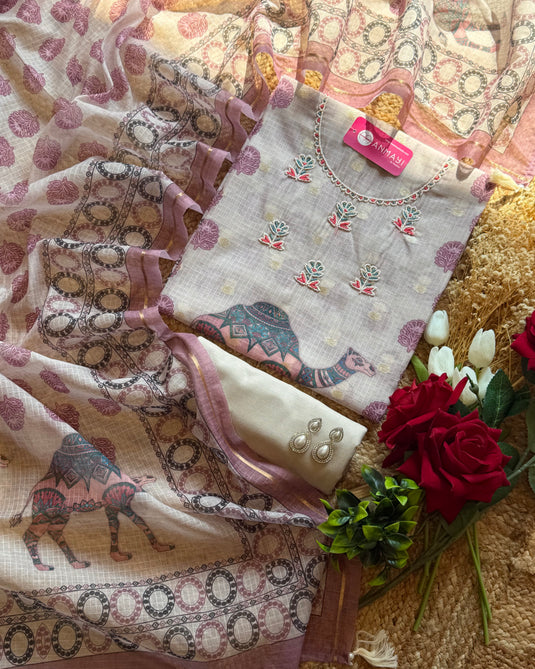 Kota Doria Camel print suit set with pearl neck and Banarasi work